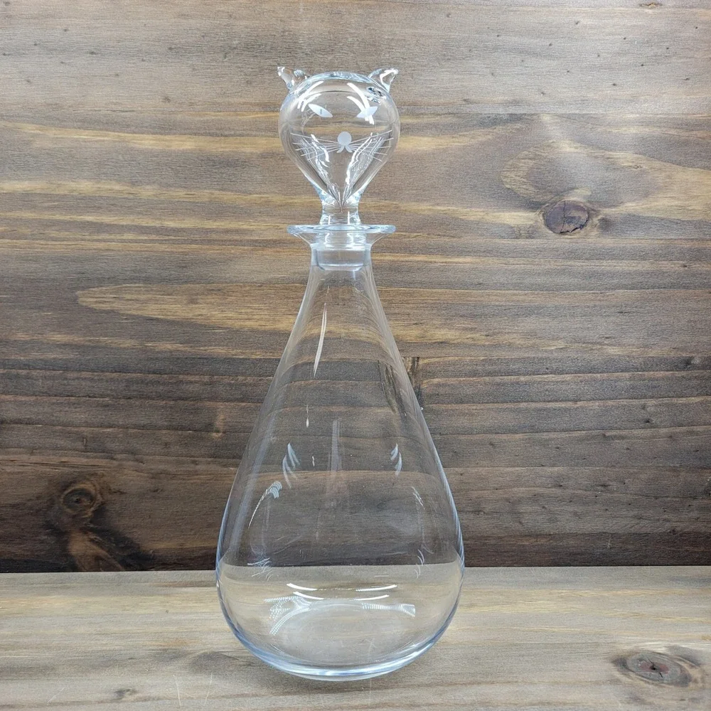 VTG Orrefors Cat Head Crystal Decanter Bottle MCM Barware Signed Sven Palmquist